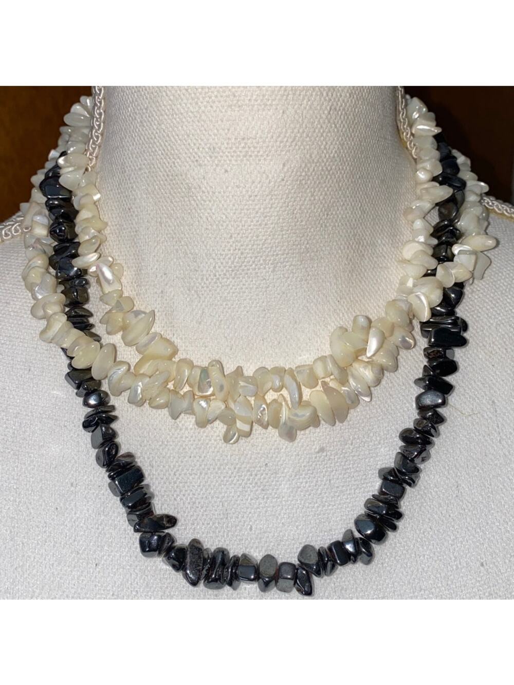 Cut Chip Stone Necklaces Clasp Puka Tied White Cream Black Silver Vintage Estate